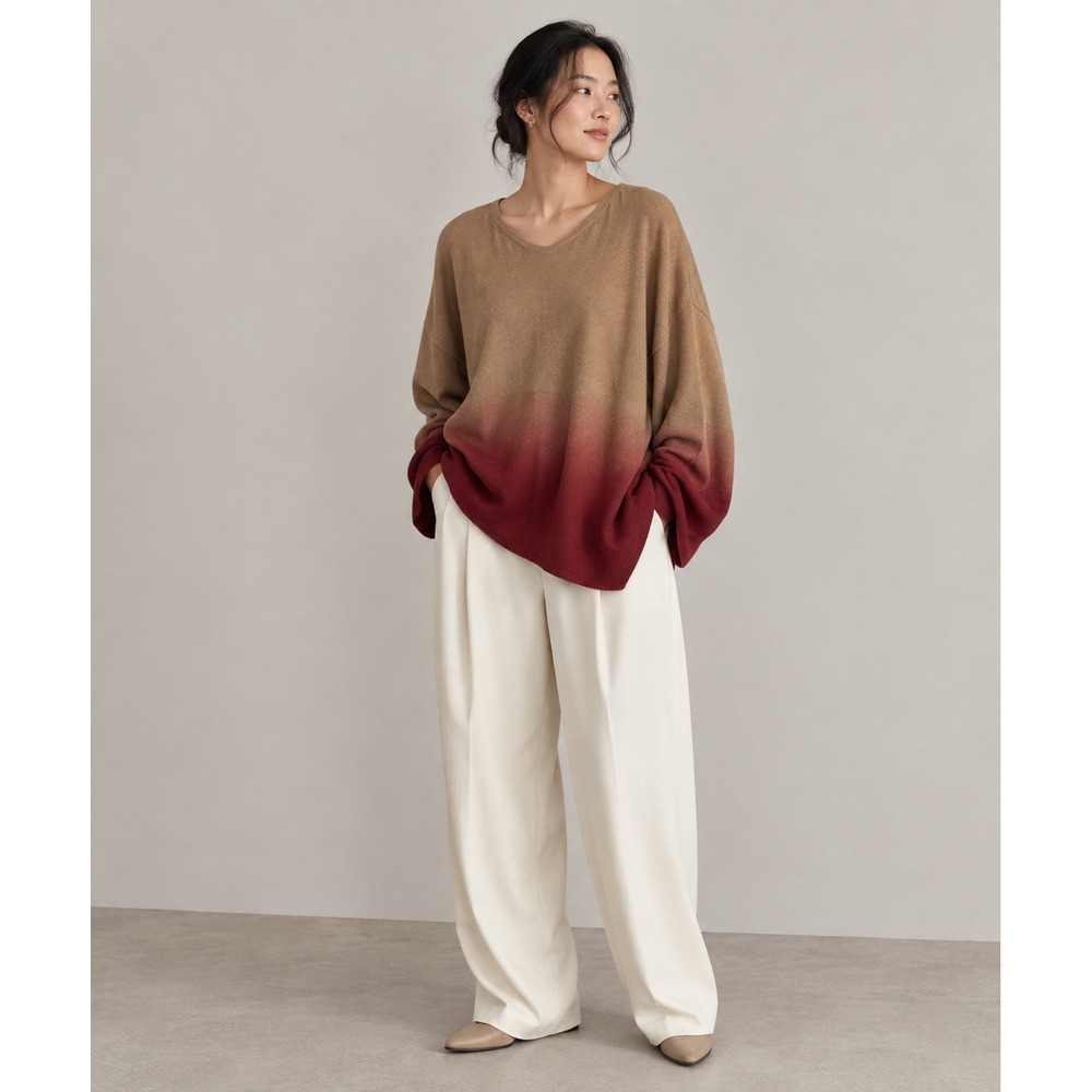 Soft by Naadam Camel & Berry Red Ombre Oversized Poncho Cashmere Sweater, M/L